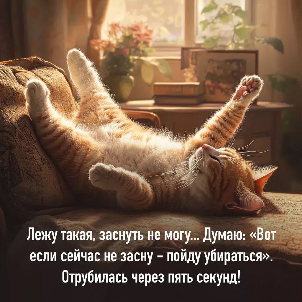 Лежу такая, заснуть не могу... Думаю: «Вот если сейчас не засну – пойду убираться». Отрубилась через пять секунд!