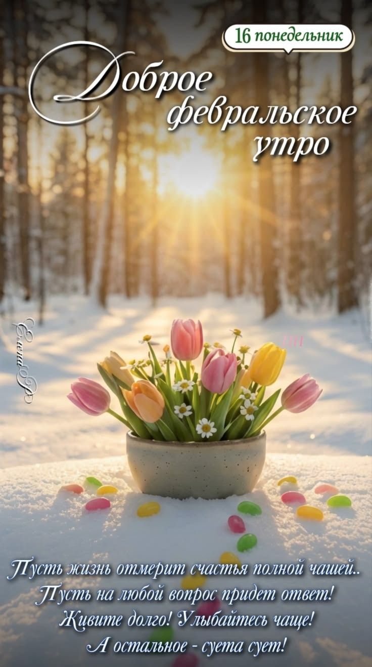 Доброе февральское утро
16 понедельник
Пусть жизнь отмерит счастья полной чашей... Пусть на любой вопрос придёт ответ! Живите долго! Улыбайтесь чаще! А остальное - суета сует!