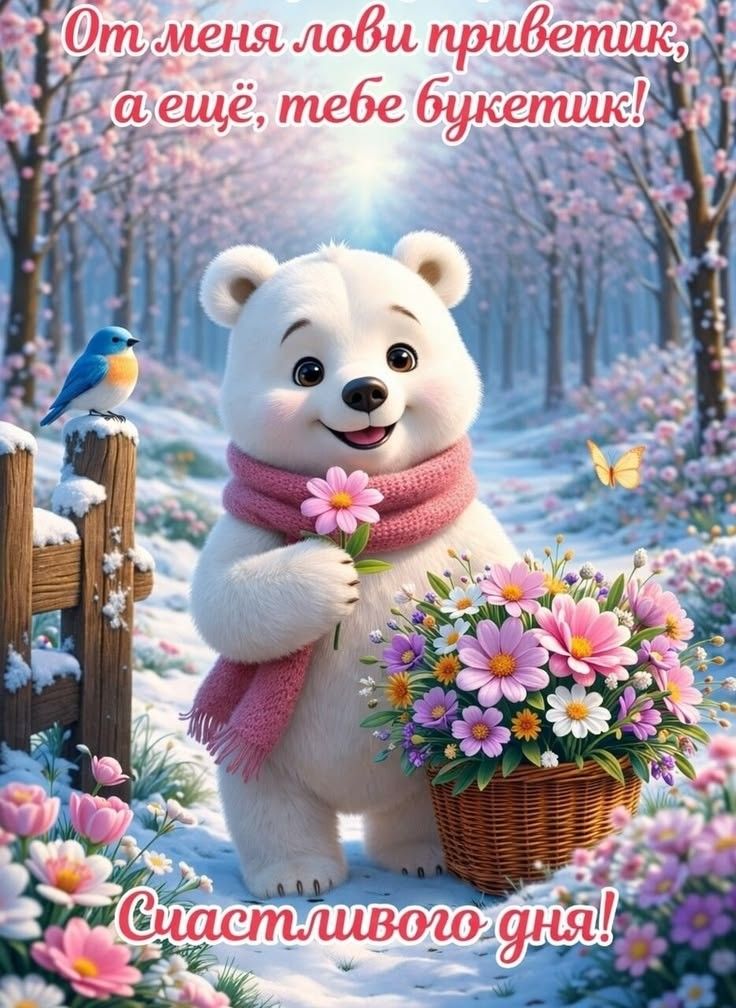 От меня лови приветик, а ещё, тебе букетик! Счастливого дня!