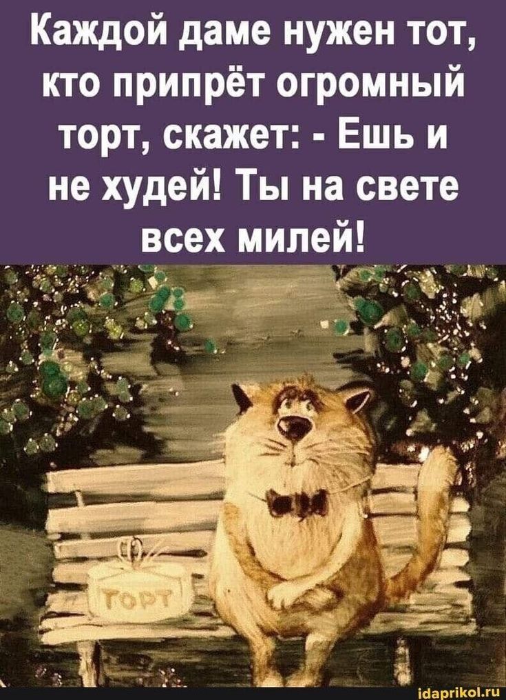 Каждой даме нужен тот, кто припьрёт огромный торт, скажет: - Ешь и не худей! Ты на свете всех милей!