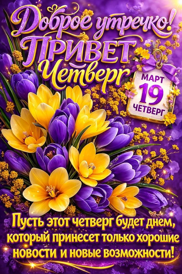 Доброе утречко! ПРИВЕТ Четверг МАРТ 19 ЧЕТВЕРГ Пусть этот четверг будет днем, который принесет только хорошие новости и новые возможности!