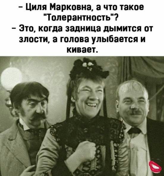 Циля Марковна а что такое Толерантность Это когда задница дымится от злости а голова улыбается и кивает
