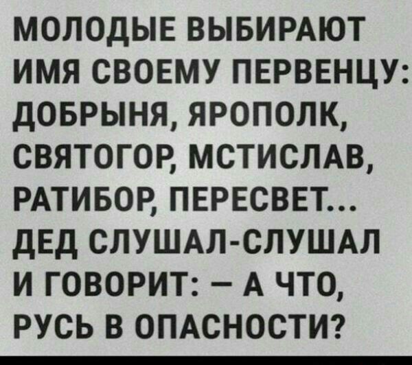 МОЛОДЫЕ ВЫБИРАЮТ ИМЯ СВОЕМУ ПЕРВЕНЦУ дОБРЫНЯ ЯРОПОЛК СВЯТОГОР МСТИСЛАВ РАТИБОР ПЕРЕСВЕТ ДЕД СЛУШАЛ СЛУШАЛ И ГОВОРИТ А ЧТО РУСЬ В ОПАСНОСТИ