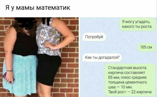 Я у мамы математик я могу угадать какого ты роста Поприбуй 155 см Как ты потданса Стандашнвя высота кирпича составляет 65 мм плюс средняя толщина ЦЕМЕНТНОГО шва Ю мм Твой рост 22 кирпича