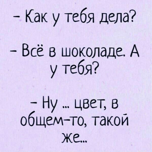 Как у тебя дела Всё в шоколаде А у тебя Ну цвет в общемто такой же