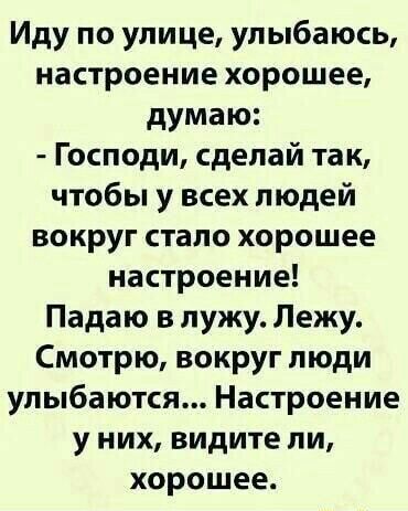 Иду по улице улыбаюсь настроение хорошее думаю Господи сделай так чтобы у всех людей вокруг стало хорошее настроение Падаю в лужу Лежу Смотрю вокруг люди улыбаются Настроение у них видите ли хорошее