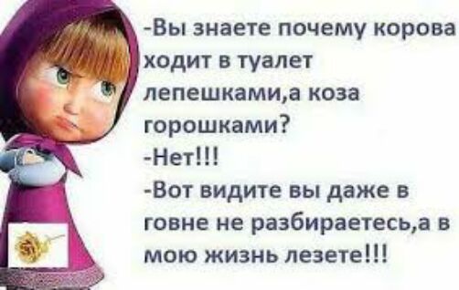 Вы знаете почему корова ходит в туалет лепешкамиа коза горошками Мет Вот видите вы даже в говне не разбираетесьа в мою жизнь лезете