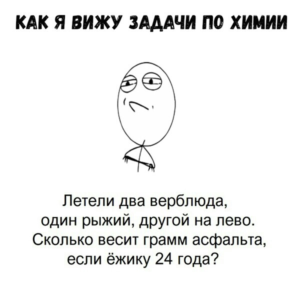 КАК Я ВИЖУ ЗАДАЧИ ПО ХИМИИ Летели два верблюда один рыжий другой на лево Сколько весит грамм асфальта если ёжику 24 года