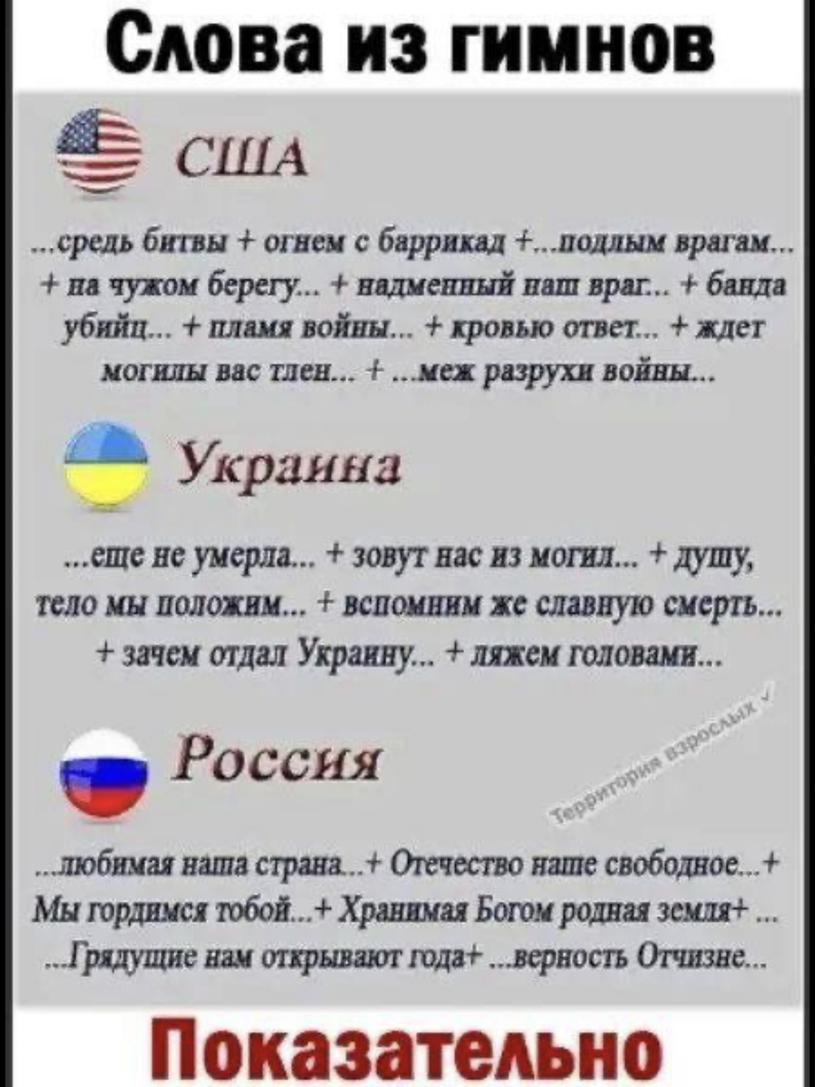 Слова из гимнов сшА средь битвы огнем с баррикад подлым врагам на чужом берегу надменный наш враг банда убийц пламя войны кровью ответ ждет могилы вас тлен меж разрухи войны з Украина еще не умерла зовут нас из могил душу тело мы положнм вспомним же славную смерть зачем отдал УКРЩ ляжем ГОЛоВамя о Россия любимая наша страна Отечество наше свободное