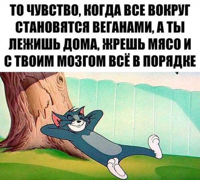 То чувство, когда все вокруг становятся веганами, а ты! Лежишь дома, жрешь мясо и 0 пюим мозгом всёв пшпдне