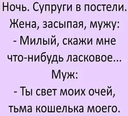 Ночь Супруги в постели Жена засыпая мужу Милый скажи мне что нибудь ласковое Муж Ты свет моих очей тьма кошелька моего