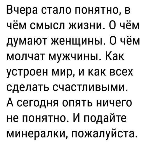 Вчера стало понятно в чём смысл жизни О чём думают женщины О чём молчат мужчины Как устроен мир и как всех сделать счастливыми А сегодня опять ничего не понятно И подайте минералки пожалуйста