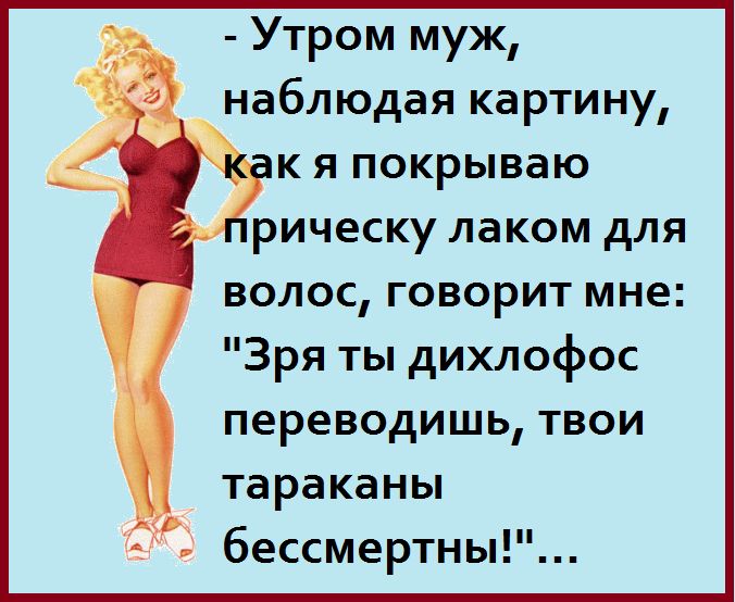Утром муж наблюдая картину к я покрываю рическу лаком для волос говорит мне Зря ты дихлофос переводишь твои тараканы бессмертны