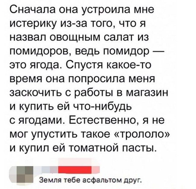Сначала она устроила мне истерику из за того что я назвал овощным салат из помидоров ведь помидор это ягода Спустя какое то время она попросила меня заскочить с работы в магазин и купить ей что нибудь с ягодами Естественно я не мог упустить такое тролопо и купил ей томатной пасты Земля тебе асфальтом друг