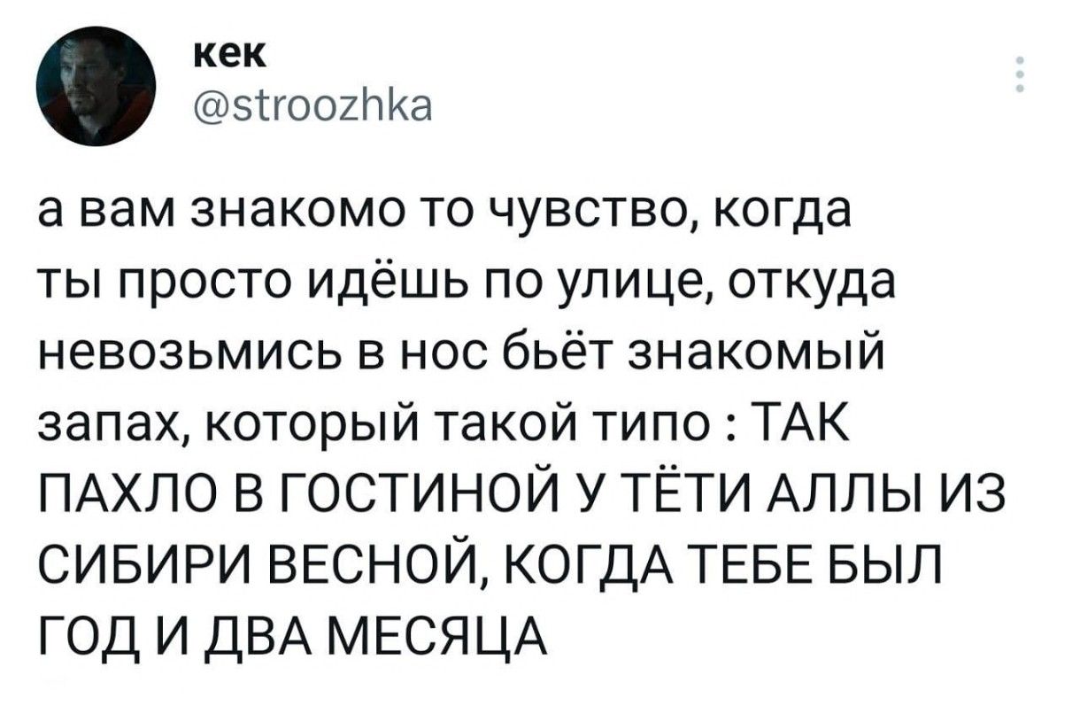 кек гоогЪКа а вам знакомо то чувство когда ты просто идёшь по улице откуда невозьмись в нос бьёт знакомый запах который такой типо ТАК ПАХЛО В ГОСТИНОЙ У ТЁТИ АЛЛЫ ИЗ СИБИРИ ВЕСНОЙ КОГДА ТЕБЕ БЫЛ ГОД И ДВА МЕСЯЦА