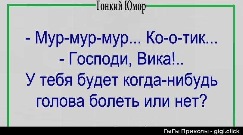 - Мур-мур-мур... Ко-о-тик...\n- Господи, Вика!..\nУ тебя будет когда-нибудь голова болеть или нет?