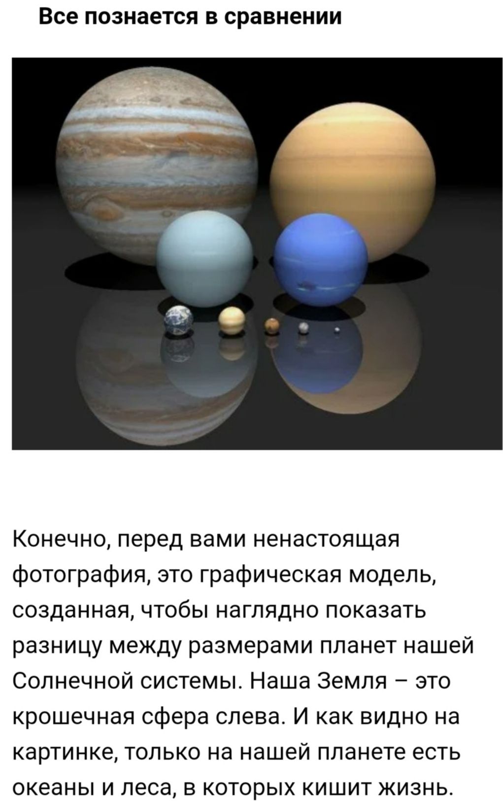 Все познается В сравнении Конечно перед вами ненастоящая фотография это графическая модель созданная чтобы наглядно показать разницу между размерами планет нашей Солнечной системы Наша Земля это крошечная сфера слева И как видно на картинке только на нашей планете есть океаны и леса в которых кишит жизнь
