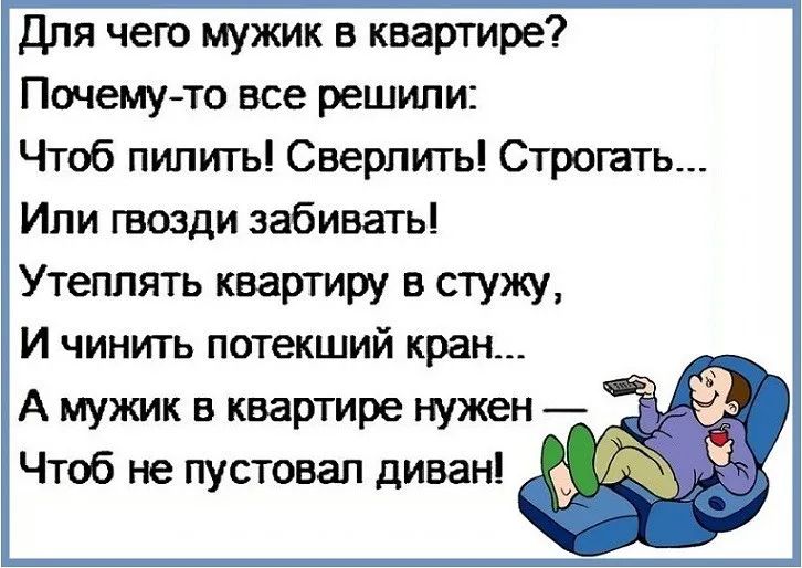 Для чего мужик в квартире Почему то все решили Чтоб пипить Сверлить Строгать Или гвозди забивать Утеппять квартиру в стужу И чинить потекший кран А мужик в квартире нужен Чтоб не пустовап диван