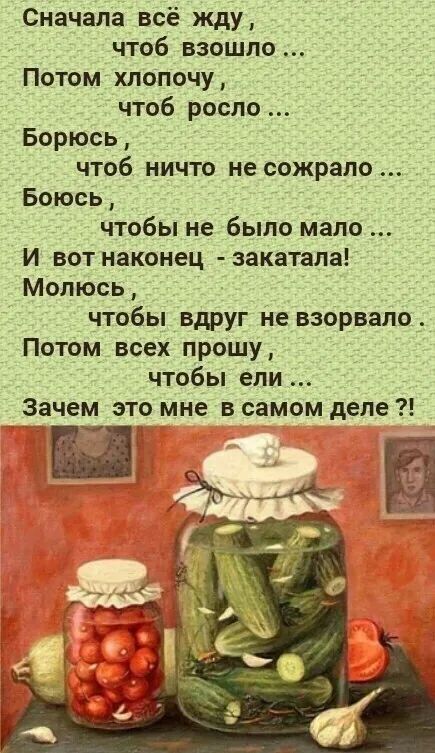 Сначала всё жду чтоб взошло Потом хлопочу чтоб росло Борюсь чтоб ничто не сожрапо Боюсь чтобы не было мало И вот наконец закатала Молюсь чтобы вдруг не взорвало Потом всех прошу чтобы ели Зачем это мне в самом деле