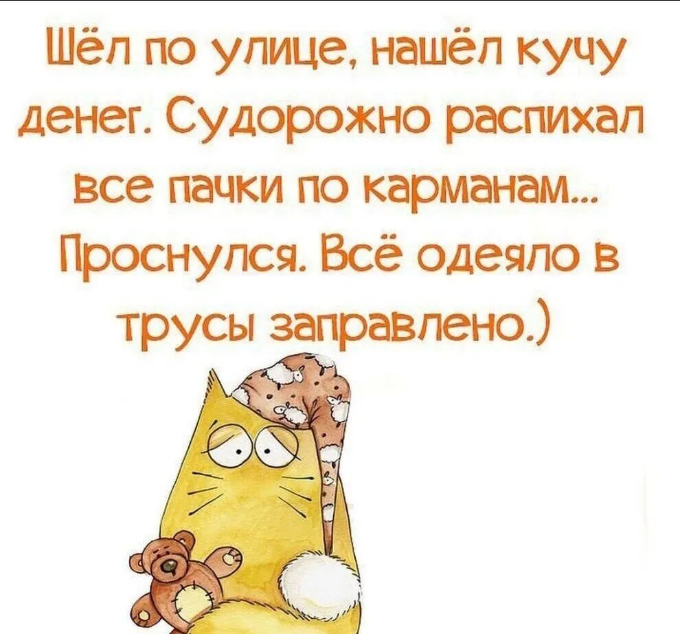 Шёл по улице нашёл кучу денег Судорожно распихап все пачки по карманам Проснулся Всё одеяло в трусы заправлено