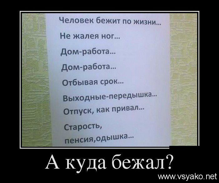 Человек бежит по Жизни Не жалея ног Домграбош дом работа Отбывая срок ВЫХОДНЫЕ передышка Отпуск как привал Старость пенсиярдышка А Куда бежал МАМУЗУЗКО пет