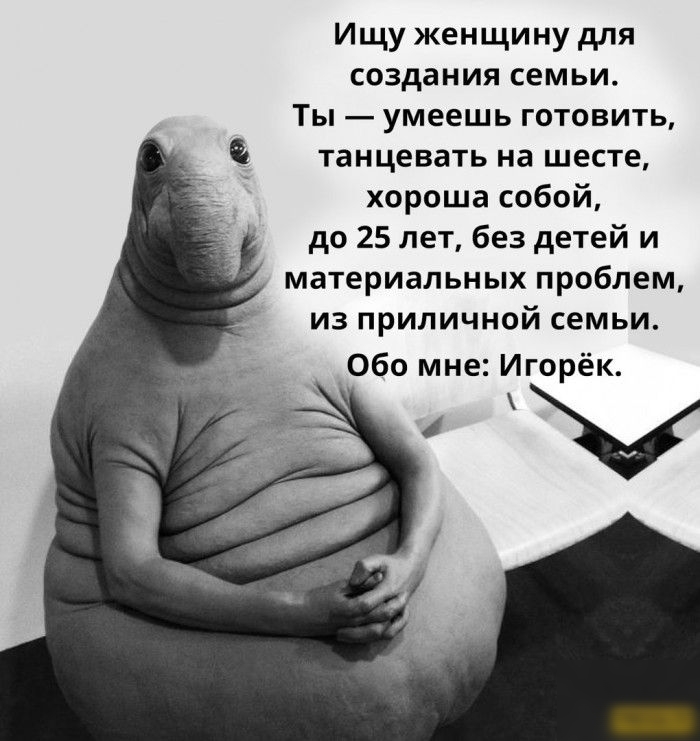 Ищу женщину для создания семьи. Ты  умеешь готовить,   танцевать на шесте,  хороша собой, до 25 лет, без детей и материальных проблем, из приличной семьи. Обо мне: игорёк.