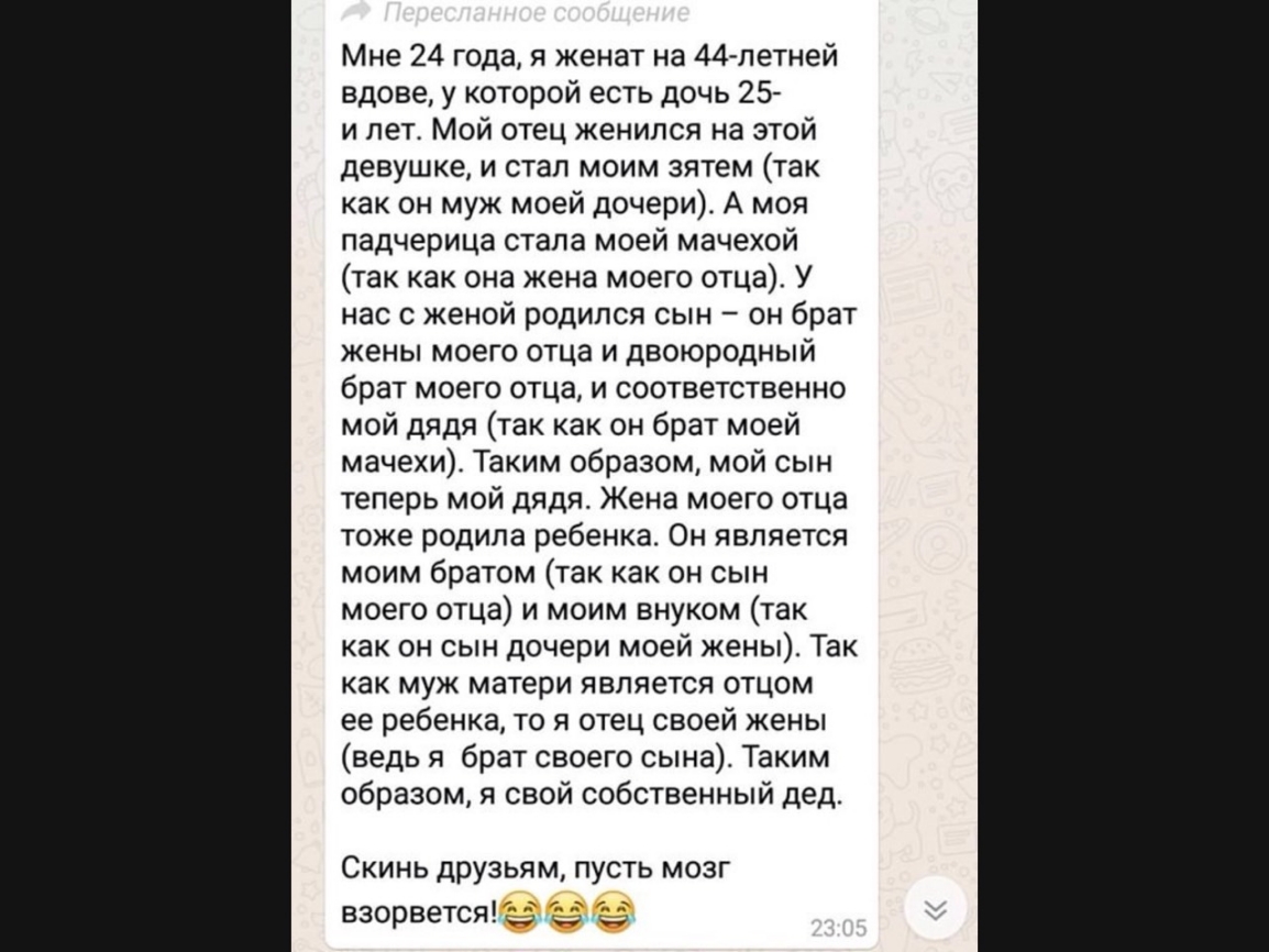 Мне 24 ода я женат на 44 летней вдове у которой есть дочь 25 и лет Мой отец женился на этой девушке и стал моим зятем так как он муж моей дочери А моя падчерица стала моей мачехой так как она жена моего отца У нас с женой родился сын он брат жены моего отца и двоюродный брат моего отца и соответственно мой дядя так как он брат моей мачехи аким образом мой сын теперь мой дядя Жена моего отца тоже р