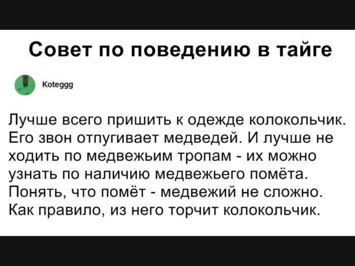 Совет по поведению в тайге Коте999 Лучше всего пришить к одежде колокольчик Его звон отпугивает медведей И лучше не ходить по медвежьим тропам их можно узнать по наличию медвежьего помёта Понять что помёт медвежий не сложно Как правило из него торчит колокольчик