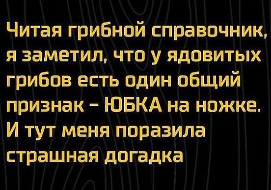 Читая грибной справочник я заметил что у ядовитых грибов есть один общий признак ЮБКА на ножке И тут меня поразила страшная догадка