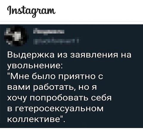 тд п Выдержка из заявления на увольнение Мне было приятно с вами работать но я хочу попробовать себя в гетеросексуапьном коллективе