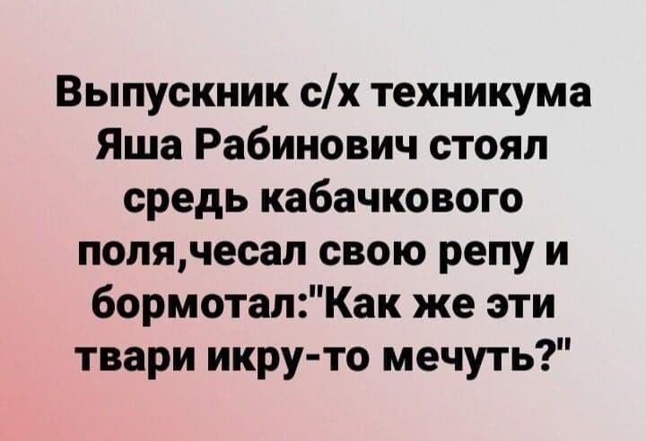 Выпускник сх техникума Яша Рабинович стоял средь кабачкового полячесал свою репу и бормотапКак же эти твари икру то мечуть