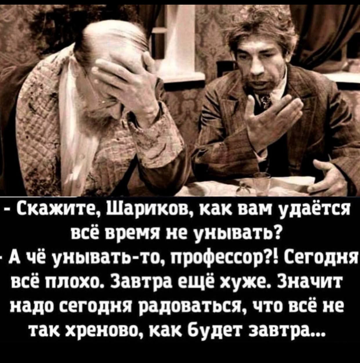 Скажите Шариков как вам удвётся всё время не унывать А чё унывать то профессор Сегодня всё плохо Завтра ещё хуже Значит надо сегодня радоваться что всё не так хреново как Будет завтра