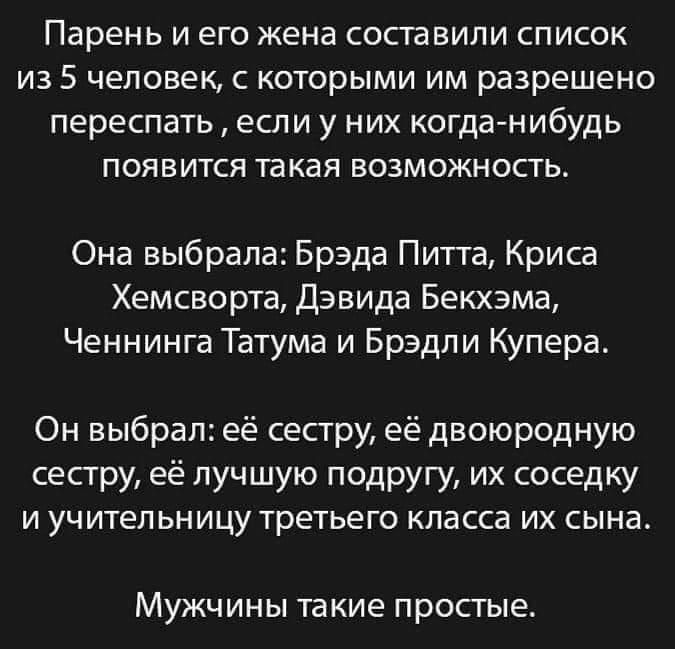 Парень и его жена составили список из 5 человек с которыми им разрешено переспать если у них когда нибудь появится такая вВоОЗМОЖНОСТтЬ ФОна выбрала Брэда Питта Криса Хемсворта Дэвида Бекхэма Ченнинга Татума и Брэдли Купера Он выбрал её сестру её двоюродную сестру её лучшую подругу их соседку и учительницу третьего класса их сына МУЖЧИНЫ такие прос