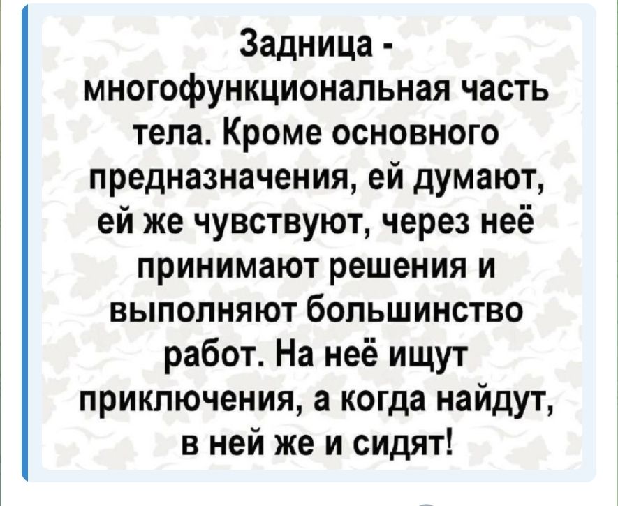 Задница - многифункциональная часть тела. Кроме основного назначения, ей думают, ей же чувствуют, через неё принимают решения и выполняют большинство работ. На неё ищут приключения, а когда найдут, в ней же и сидят!