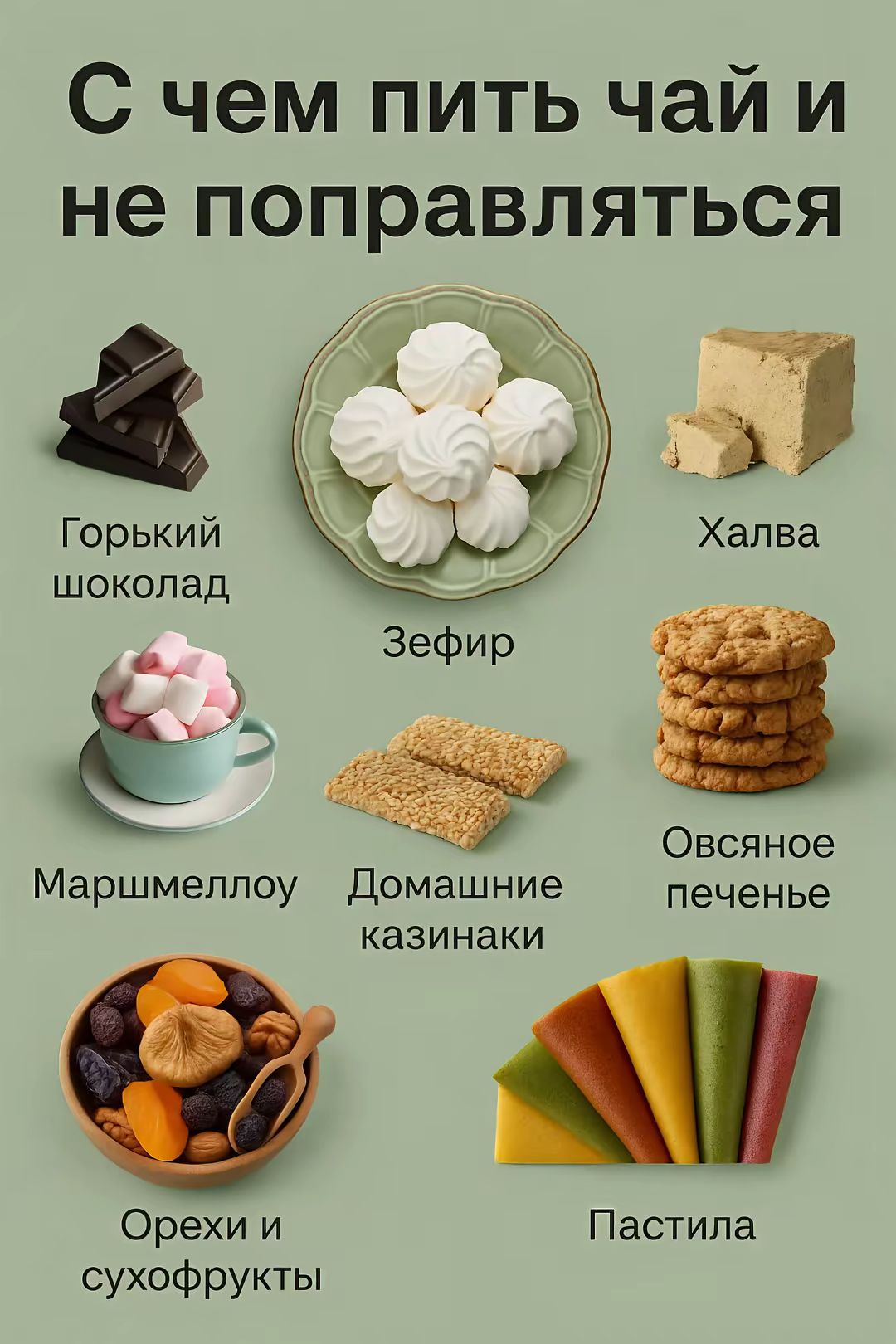 С чем пить чай и
не поправляться

Горький
шоколад,
’г Уа
ё‘ )Э
Овсяное
Маршмеллоу — Домашние печенье
казинаки
' '
ФОрехи и Пастила

сухофрукты

