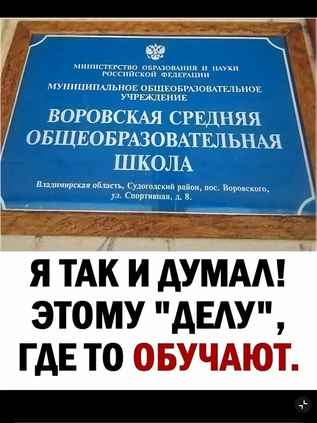 МИНИСТЕРСТВО ОБРАЗОВАНИЯ И НАУКИ РОССИЙСКОЙ ФЕДЕРАЦИИ
МУНИЦИПАЛЬНОЕ ОБЩЕОБРАЗОВАТЕЛЬНОЕ УЧРЕЖДЕНИЕ
ВОРОВСКАЯ СРЕДНЯЯ ОБЩЕОБРАЗОВАТЕЛЬНАЯ ШКОЛА
Владимирская область, Судогодский район, пос. Вороновского, ул. Спортивная, д. 8.

Я ТАК И ДУМАЛ! ЭТОМУ 