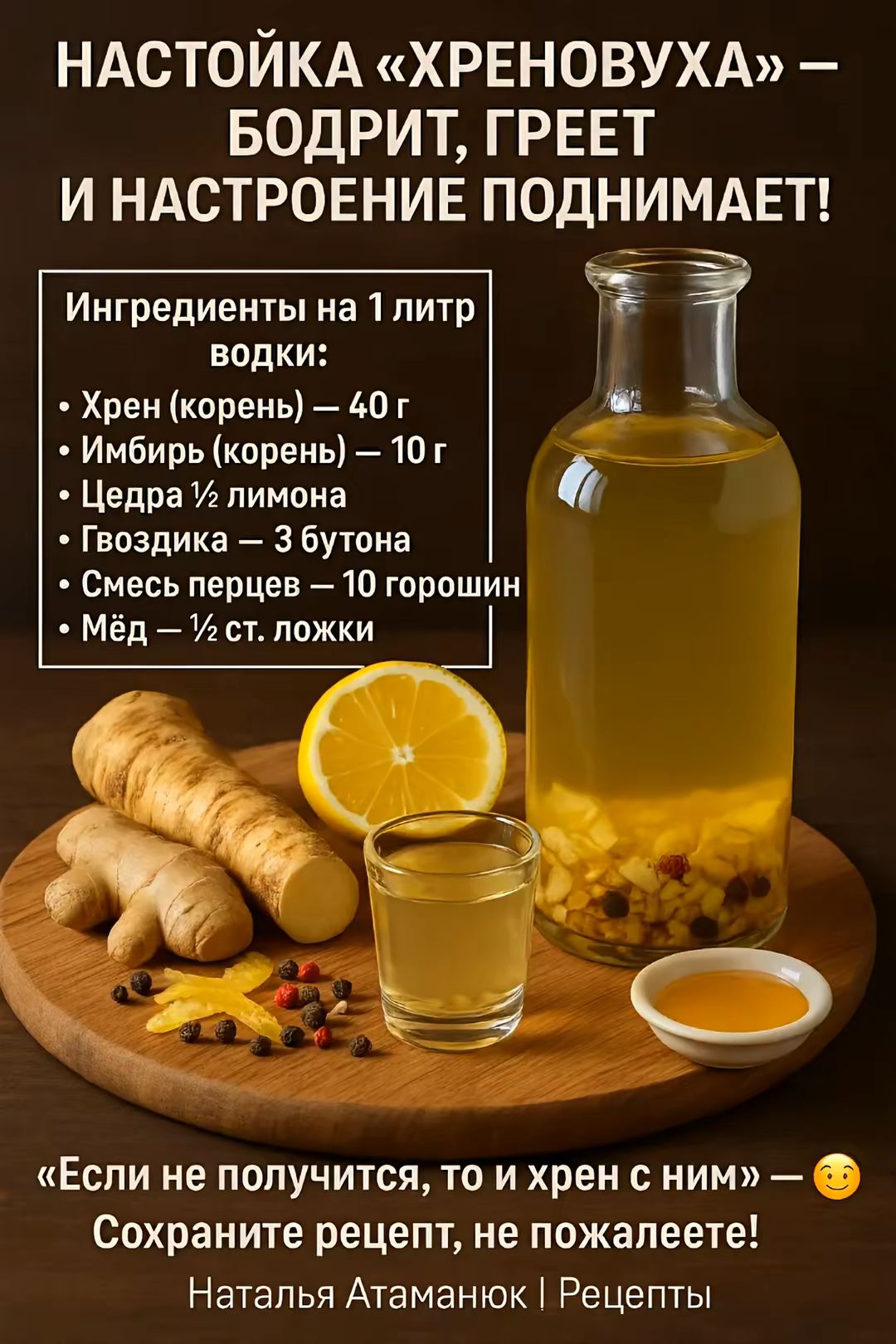 НАСТОЙКА «ХРЕНОВУХА» — БОДРИТ, ГРЕЕТ И НАСТРОЕНИЕ ПОДНИМАЕТ! Ингредиенты на 1 литр водки: Хрен (корень) — 40 г Имбирь (корень) — 10 г Цедра ½ лимона Гвоздика — 3 бутона Смесь перцев — 10 горошин Мёд — ½ ст. ложки 