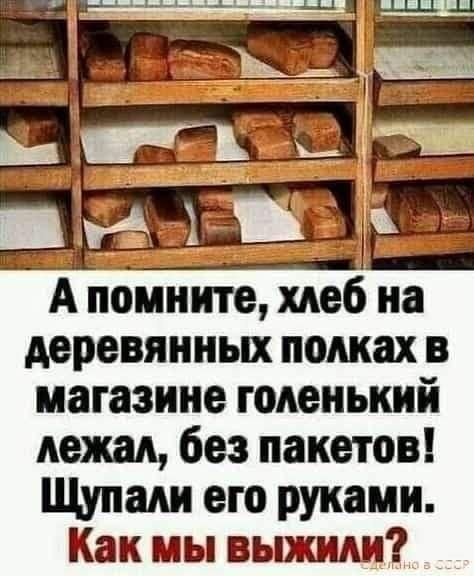 А помните, хлеб на деревянных полках в магазине голенький лежал, без пакетов! Щупали его руками. Как мы выжили?