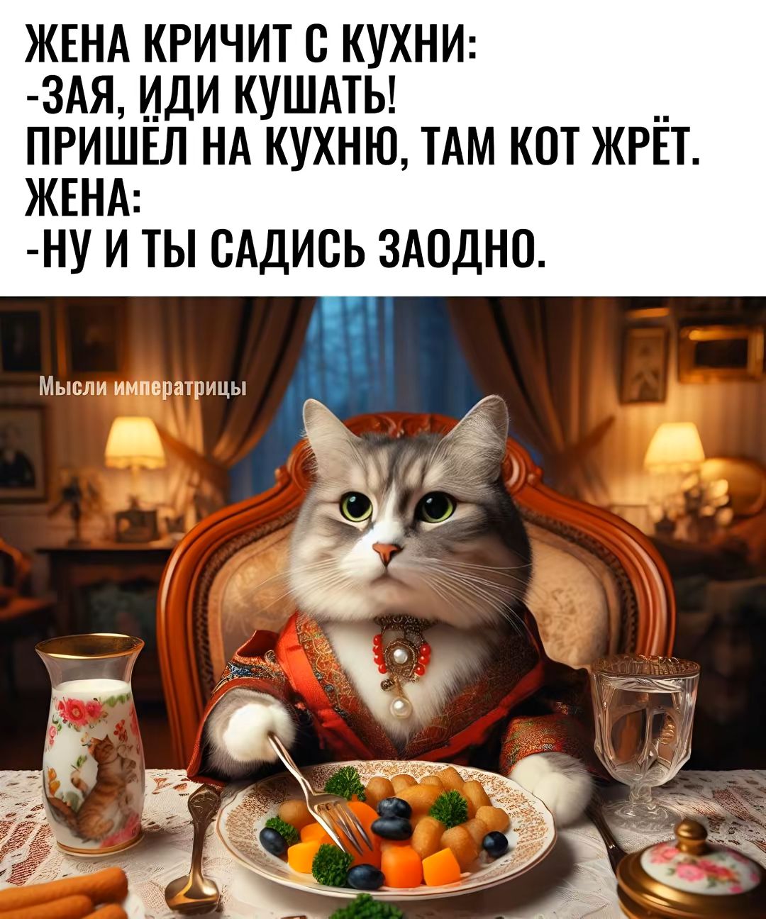 Жена кричит с кухни: -Зая, иди кушать! Пришёл на кухню, там кот жрёт. Жена: -Ну и ты садись заодно.