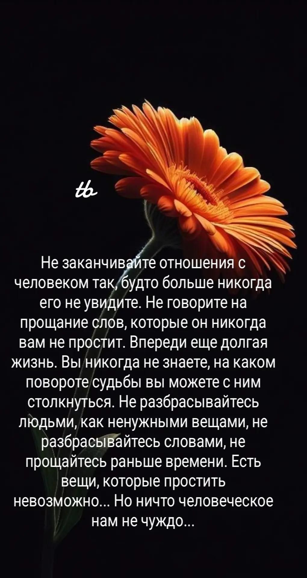 Не заканчивайте отношения с человеком так, будто больше никогда его не увидите. Не говорите на прощание слов, которые он никогда вам не простит. Впереди еще долгая жизнь. Вы никогда не знаете, на каком повороте судьбы вы можете с ним столкнуться. Не разбирайтесь людьми, как ненужными вещами, не разбирайтесь словами, не прощайтесь раньше времени. Есть вещи, которые простить невозможно... Но ничего человеческое нам не чуждо...