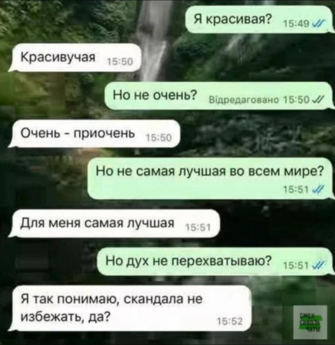 Я красивая? Красивучая Но не очень? Очень - причочень Но не самая лучшая во всем мире? Для меня самая лучшая Но дух не перехватывается? Я так понимаю, скандала не избежать, да?