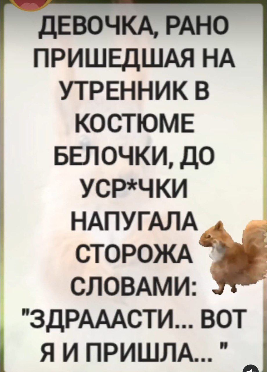 ДЕВОЧКА, РАНО ПРИШЕДШАЯ НА УТРЕННИК В КОСТЮМЕ БЕЛОЧКИ, ДО УСР*ЧКИ НАПУГАЛА СТОРОЖА С СЛОВАМИ: 