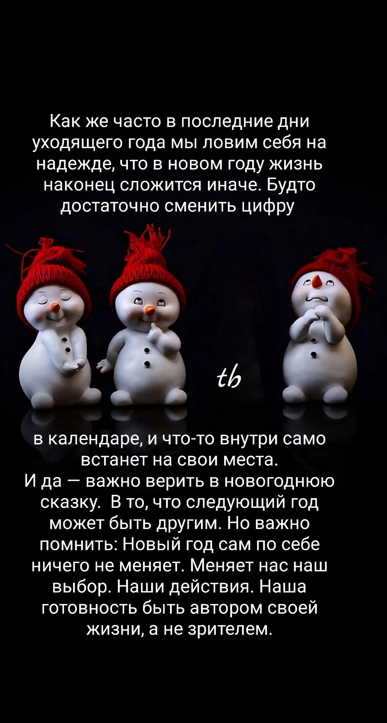 Как же часто в последние дни уходящего года мы ловим себя на надежде, что в новом году жизнь наконец сложится иначе. Будто достаточно сменить цифру в календаре, и что-то внутри само встанет на свои места. И да — важно верить в новогоднюю сказку. В то, что следующий год может быть другим. Но важно помнить: Новый год сам по себе ничего не меняет. Меняет нас наш выбор. Наши действия. Наша готовность быть автором своей жизни, а не зрителем.