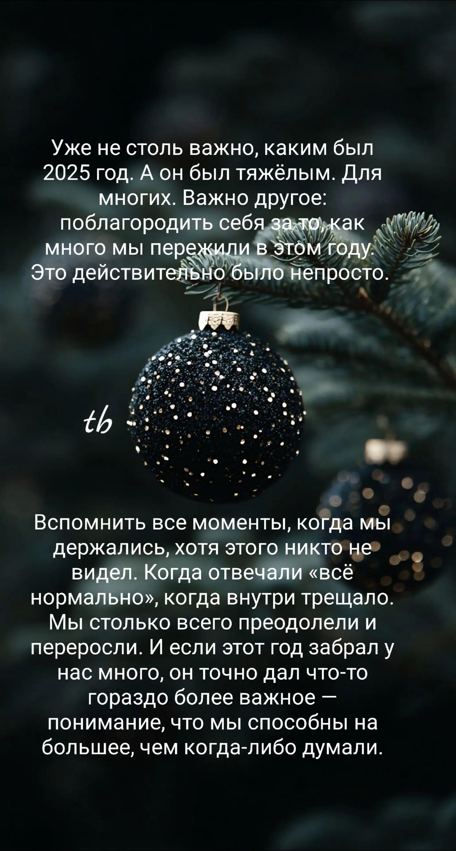 Уже не столь важно, каким был 2025 год. А он был тяжёлым для многих. Важно другое: поблагодарить себя за то, как много мы пережили в этом году. Это действительно было непросто. Вспомнить моменты, когда держались, хотя этого никто не видел. И если год забрал многое, он дал понимание, что мы способны на большее, чем думали.