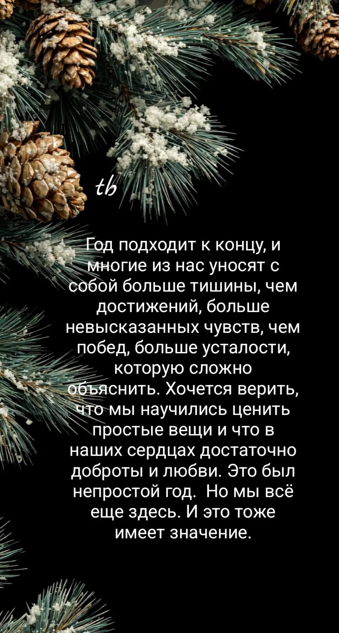 tb
Год подходит к концу, и многие из нас уносят с собой больше тишины, чем достижений, больше невысказанных чувств, чем побед, больше усталости, которую сложно объяснить. Хочется верить, что мы научились ценить простые вещи и что в наших сердцах достаточно доброты и любви. Это был непростой год. Но мы всё ещё здесь. И это тоже имеет значение.