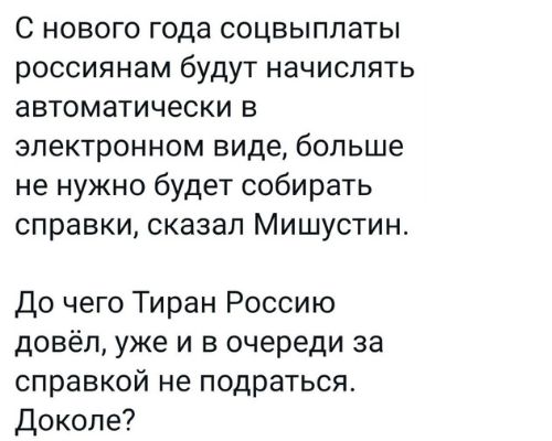 С нового года соцвыплаты россиянам будут начислять автоматически в электронном виде больше не нужно будет собирать справки сказал Мишустин До чего Тиран Россию довёл уже и в очереди за справкой не подраться доколе