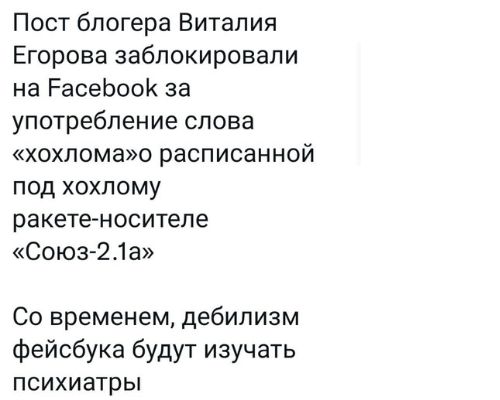 Пост блогера Виталия Егорова заблокировали на РасеЬооК за употребление слова хохломао расписанной под хохлому ракете носителе СОЮЗ 218 Со временем дебилизм фейсбука будут изучать психиатры