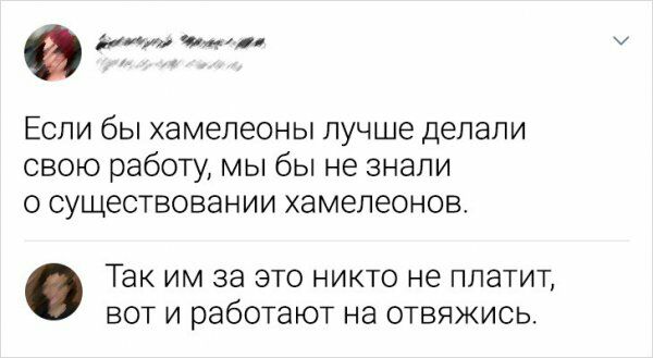 дійи иди Если бы хамелеоны лучше делали свою работу мы бы не знали о существовании хамелеонов Так им за это никто не платит вот и работают на отвяжись