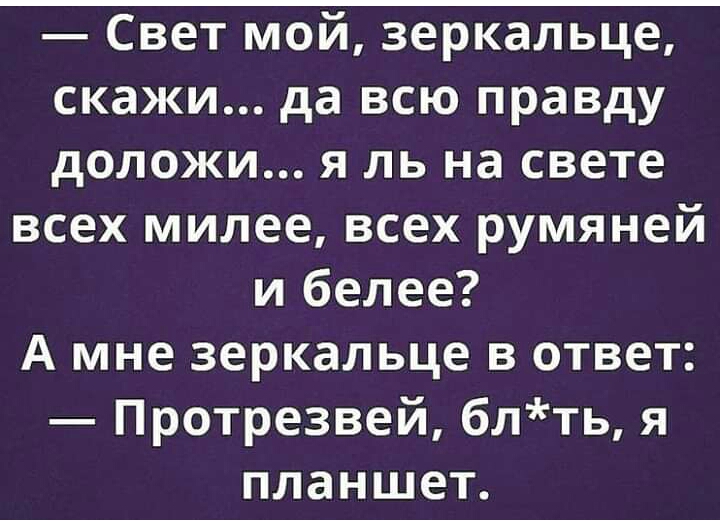 Свет мой зеркальце скажи да всю правду доложи я ль на свете всех милее всех румяней и белее А мне зеркальце в ответ Протрезвей блть я планшет