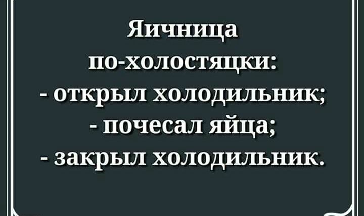 Яичшща по холостяцки открыл холодильник почесал яйца закрыл холодильник